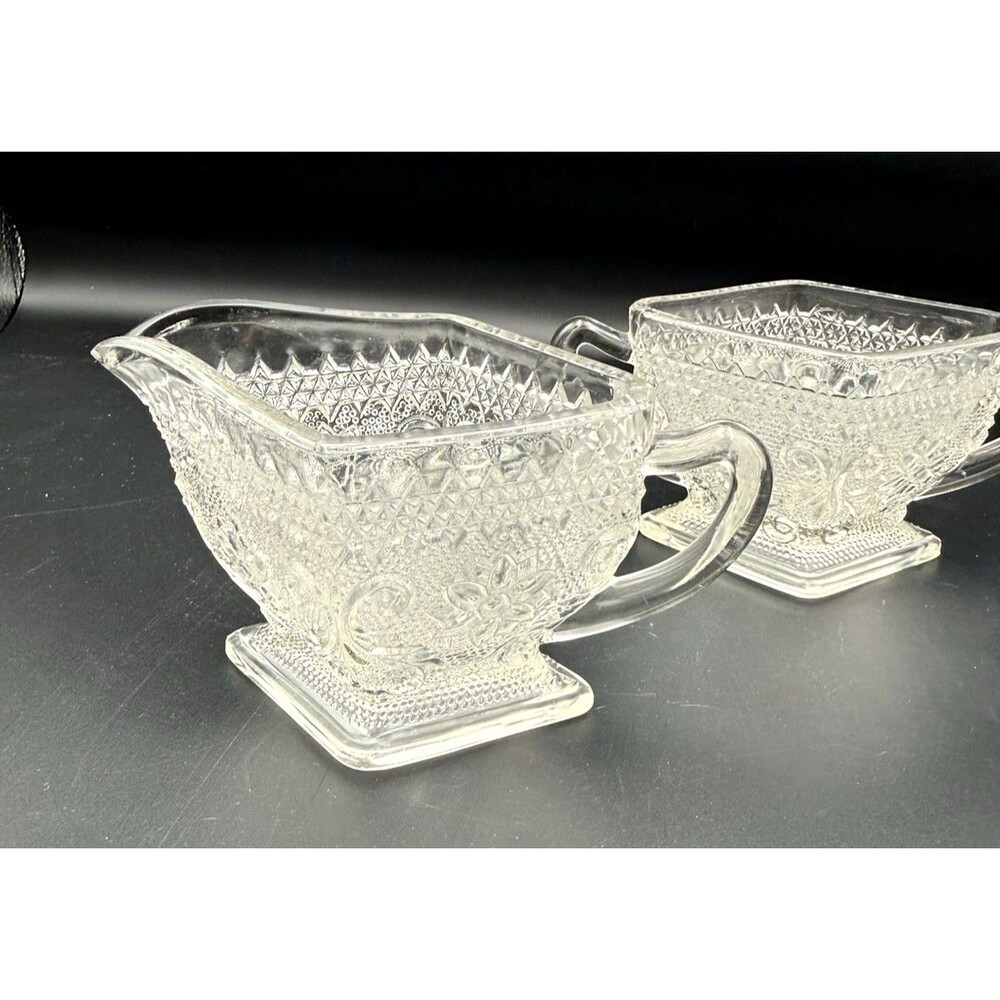 Vtg. Indiana Glass Clear Tiara Sandwich Pattern Diamond Shaped Sugar and Creamer